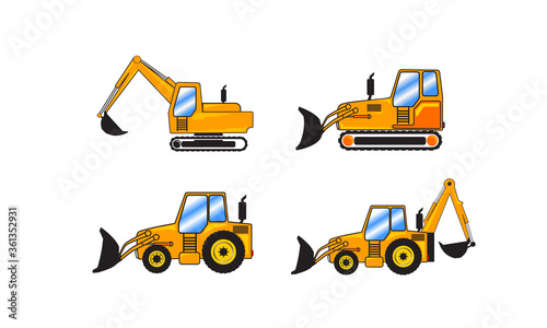 set of 2D Yellow building wheel frontal loader, excavator, backhoe view from side. Digger Construction, heavy equipment, machinery and mining vehicle vector logo icon template.