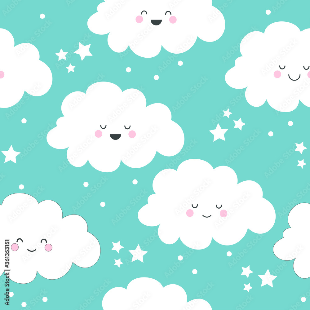 Seamless pattern with pretty smiling clouds on a blue background with stars. Vector illustration. Seamless pattern with pretty smiling clouds on a blue background with stars. Vector illustration.