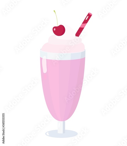 Cup of pink milkshake with cream and cherry on top. Flat vector illustration isolated on white background for cafe, restaurant or menu.