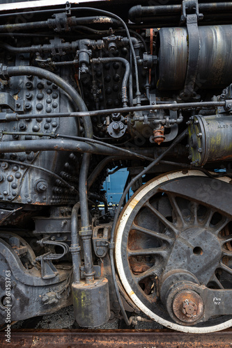 Detailed photograph of steam era locomotive. 