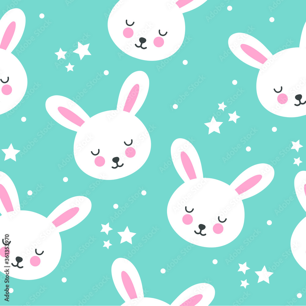 Seamless pattern with cute rabbits on a blue background with stars. Seamless pattern with cute rabbits on a blue background with stars.