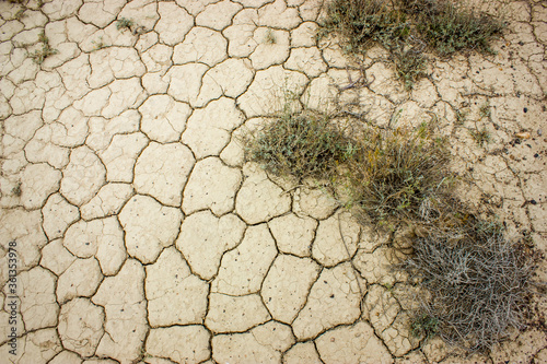 A very dry desert soil, sand with crackles and grass. Texture background.