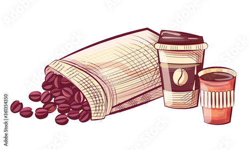 Coffee in disposable cup with lid, beans in sack. Sketch of caffeine beverage and grains in bag, mocha drink in plastic dishware, takeaway container vector