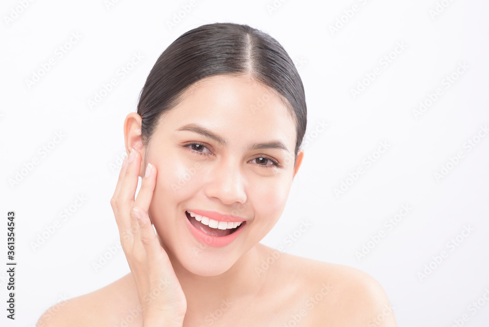 Close up beauty portrait of a young smiling woman isolated over white background studio