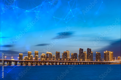 Xiamen blue tone skyline synthesized by particle lines © 杰 李