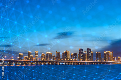 Xiamen blue tone skyline synthesized by particle lines