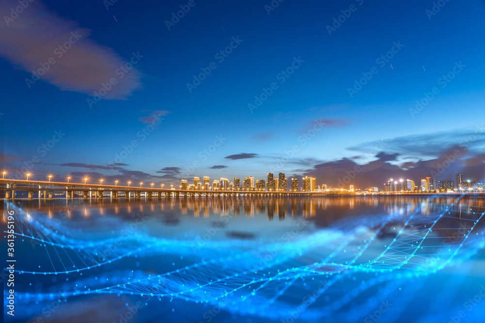 Xiamen blue tone skyline synthesized by particle lines