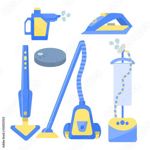 Set of vacuum cleaners for cleaning the house, iron, steamer isolated on a white background.Robot vacuum cleaner. Collection of equipment for cleaning the apartment. Vector illustration in flat style.