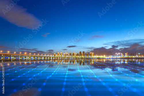 Xiamen blue tone skyline synthesized by particle lines