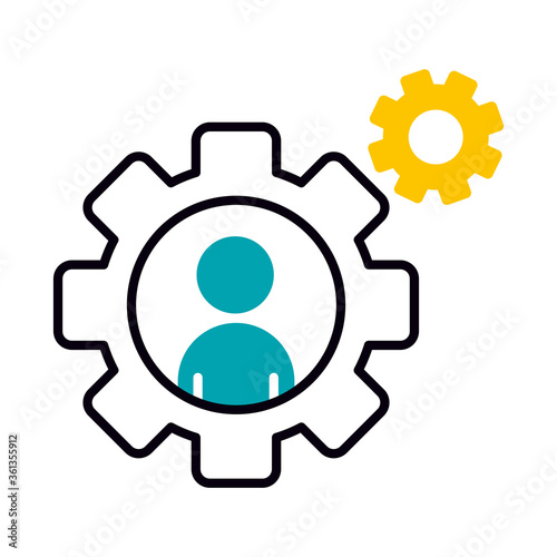 gear wheels and pictogram man icon, half line half color style