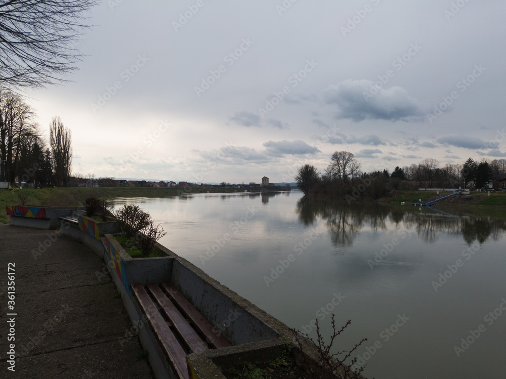 Scenic view of Sava river from Gradiška quay during overcast day.