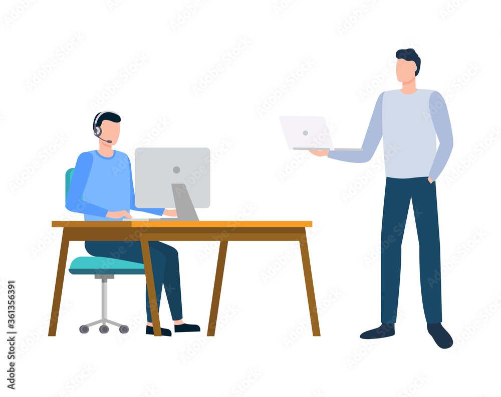 Men communication with computer, manager using monitor, portrait view of employee characters working with wireless device, technology with pc vector Men communication with computer, manager using monitor, portrait view of employee characters working with wireless device, technology with pc vector