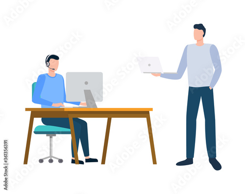 Men communication with computer, manager using monitor, portrait view of employee characters working with wireless device, technology with pc vector