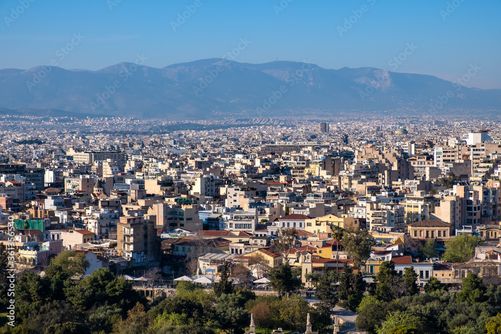 Panoramic view of metropolitan Athens, Greece with northern districts and suburban areas seen from Acropolis hill