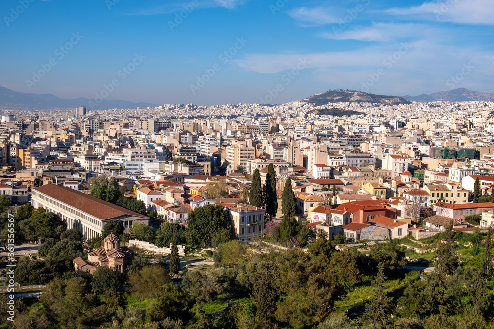 Panoramic view of metropolitan Athens, Greece with Athenian Agora and Attalus, Stoa of Attalos, seen from Acropolis hill