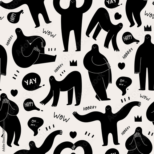 Various strange creatures or people with long arms and small heads. Black Shadows. Cute disproportionate characters in different poses. Abstract Vector Seamless Pattern. Background, Wallpaper