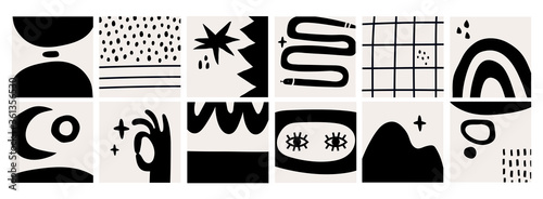 Hand drawn various Shapes and Doodle objects. Abstract contemporary modern trendy Vector illustrations. Big Set of Patterns, Backgrounds, Wallpapers. Black monochrome concept. Dark theme
