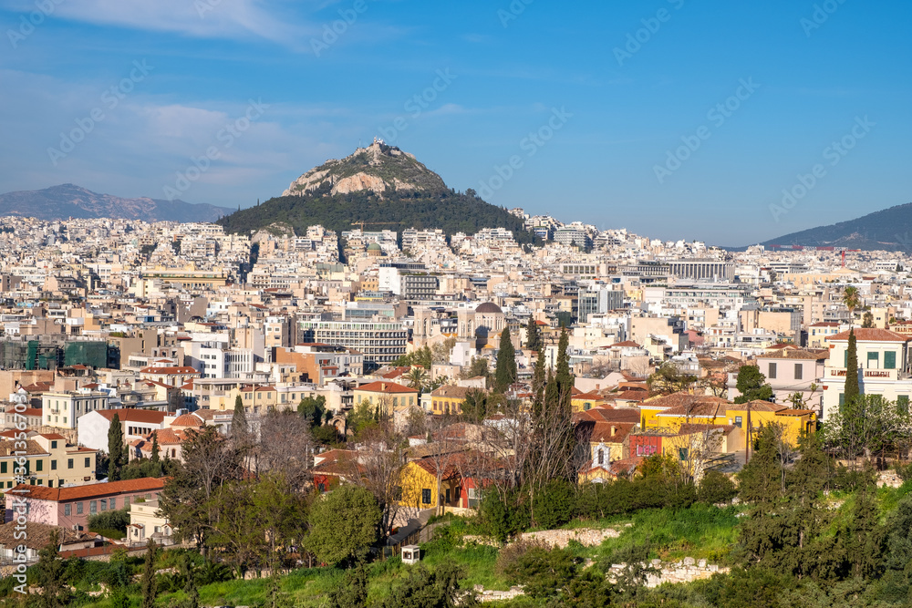 Panoramic view of metropolitan Athens, Greece with Lycabettus Lycabettus hill and Pedion tou Areos park seen from Areopagus rock