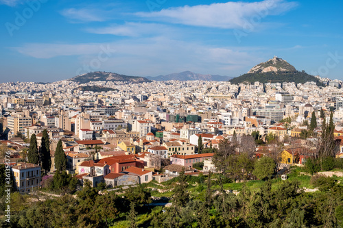 Panoramic view of metropolitan Athens, Greece with Lycabettus Lycabettus hill and Pedion tou Areos park seen from Areopagus rock © Art Media Factory