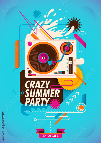 Summer party poster with turntable. Vector illustration.