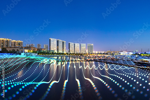 Xiamen blue tone skyline synthesized by particle lines