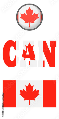 Set of icons of the canadian flag on a white background. Vector image: flag of Canada, button and abbreviation. You can use it to create a website, print brochures or a travel guide.