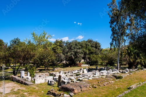Panoramic view of ancient Athenian Agora archeological area with ruins of Metroon, Temple of Ares, Odeon of Agrippa and Gymnasium in Athens, Greece