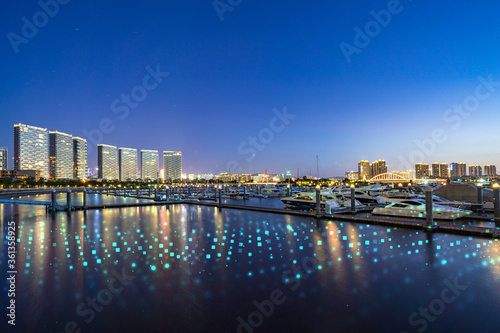 Xiamen blue tone skyline synthesized by particle lines
