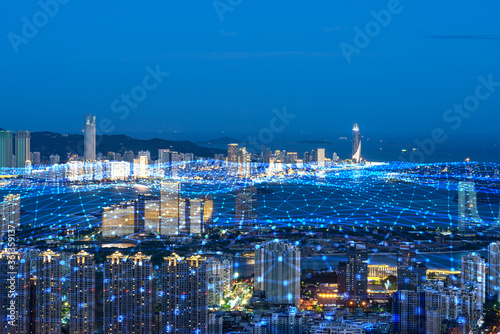 Xiamen blue tone skyline synthesized by particle lines