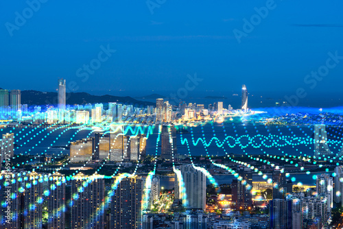 Xiamen blue tone skyline synthesized by particle lines