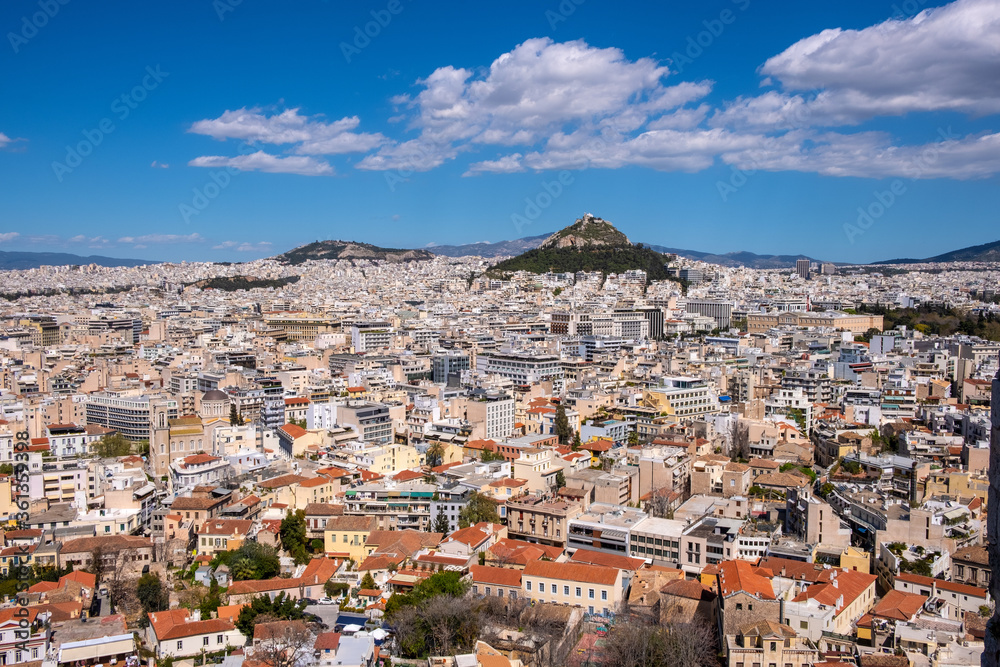 Panoramic view of metropolitan Athens, Greece with Lycabettus Lycabettus hill and Pedion tou Areos park seen from Areopagus rock