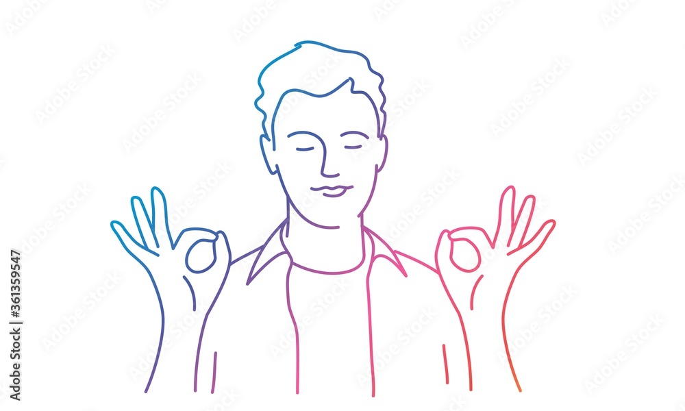 Guy meditating. Calm, relaxed good-looking release stress, close eyes. Rainbow colours in linear vector illustration. Guy meditating. Calm, relaxed good-looking release stress, close eyes. Rainbow colours in linear vector illustration.