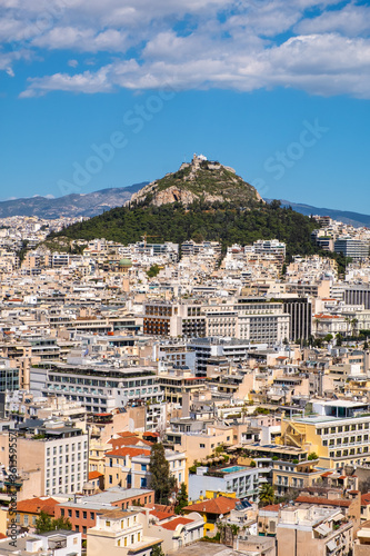 Panoramic view of metropolitan Athens, Greece with Lycabettus Lycabettus hill and Pedion tou Areos park seen from Areopagus rock photo
