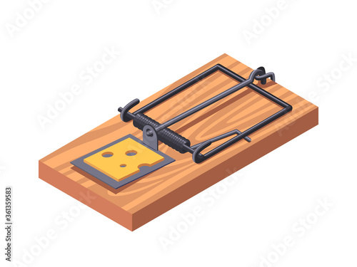 Isometric mousetrap with piece of cheese. Isolated on white background.