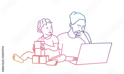 Mother and daughter at the table. Child with cubes. Woman is using a laptop. Rainbow colours in linear vector illustr