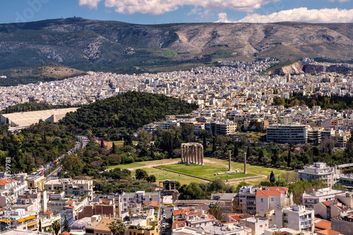 Panoramic view of metropolitan Athens with Temple of Olympian Zeus - Olympieion - seen from Acropolis hill in Athens, Greece photo