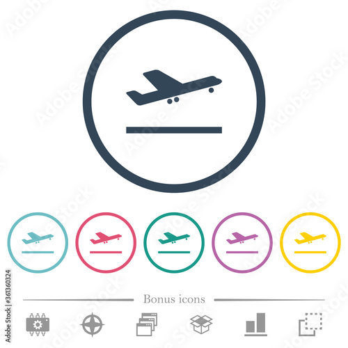 Airplane take off flat color icons in round outlines