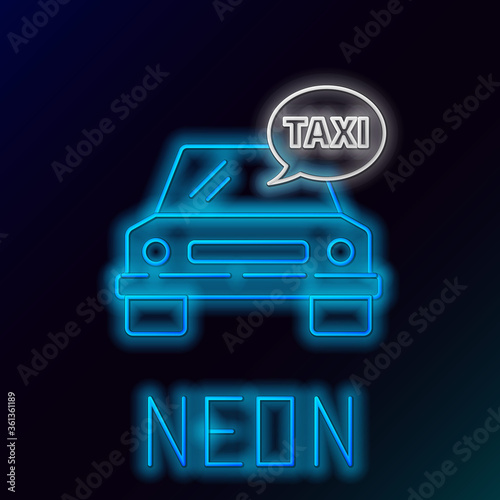 Glowing neon line Taxi car icon isolated on black background. Colorful outline concept. Vector.
