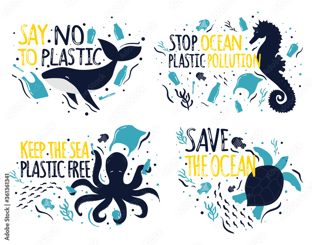 Save the Ocean. Ecology stickers collection,  No to plastic,  Stop Ocean Pollution,Plastic Free sea. Sea animals - Whale, Octopus, Sea  horse. Plastic waste ocean, no to single use plastic Stock Vector |