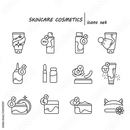 Skincare cosmetics icons set. Face skin care anti aged Korean cosmetics products. Concept linear pictograms for cleansing, anti age protection and beauty routine. Editable stroke vector illustrations