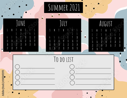 Calendar for summer 2021. Summer planer. Trendy summer calendar planer in Scandinavian style.