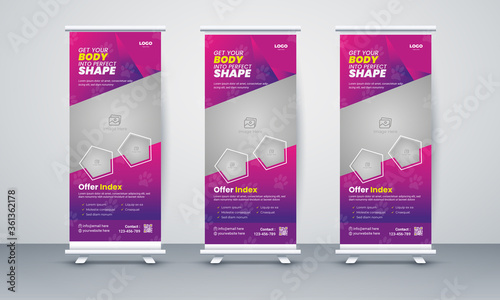 Modern gym Fitness roll up banner template design
