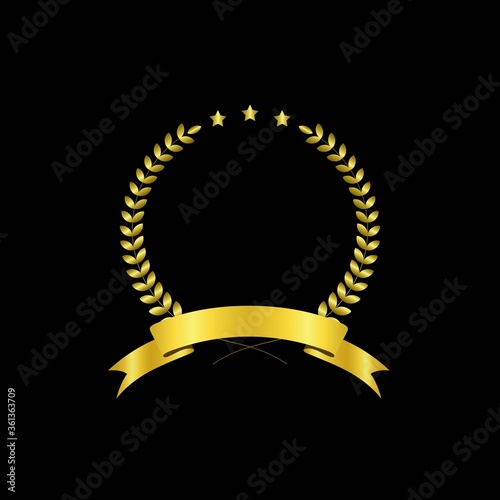 Golden Laurel wreath. Awards logotype with stars Isolated elegant abstract gold emblem. Luxurious congratulating framed template.