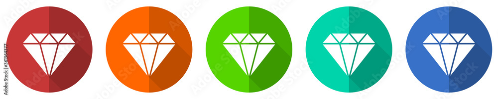 Diamond jewel icon set, brilliant, treasure, red, blue, green and orange flat design web buttons isolated on white background, vector illustration Diamond jewel icon set, brilliant, treasure, red, blue, green and orange flat design web buttons isolated on white background, vector illustration