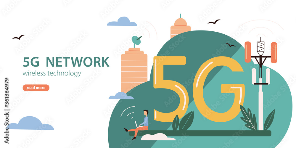 Naklejka premium Concept for 5G website wireless technology. Flat illustration with a tiny character, an Internet tower, buildings, an Internet signal and 5G capital letters. For website or application design.