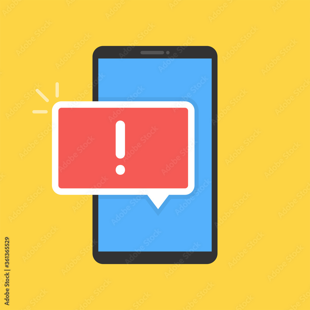 Alert, mobile phone notification, warning, important message concepts. Smartphone with speech bubble and exclamation point on screen. Vector illustration. Alert, mobile phone notification, warning, important message concepts. Smartphone with speech bubble and exclamation point on screen. Vector illustration.