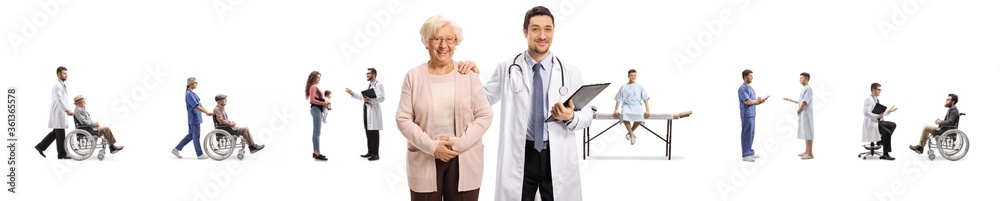 Young male doctor with an elderly female patient and with patients and doctors standing behind Young male doctor with an elderly female patient and with patients and doctors standing behind