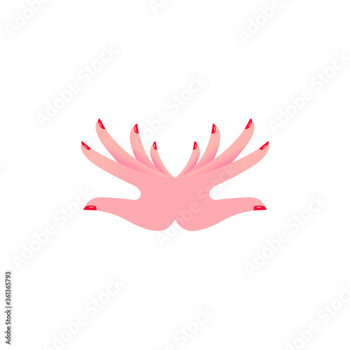 Two hands with painted nails. Red nail polish, manicure, gesture, beauty symbol, emblem, icon, isolated on a white background. Vector illustration, flat cartoon design, eps 10.
