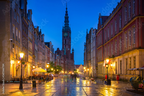 Long market and old town hall in Gdansk at dusk, Poland
