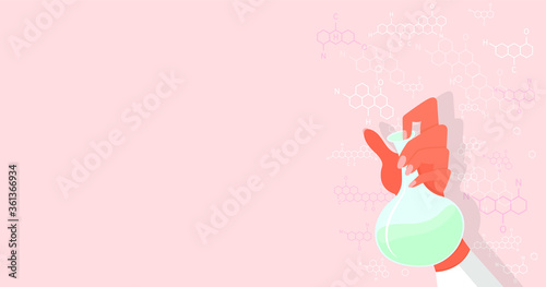 Hand holds a flask. Concept: chemical experience, scientific discovery, invention, formula. Faded pink background with biological structure. Vector illustration, flat cartoon, eps 10.